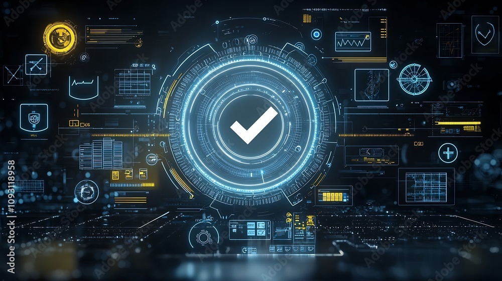 Aufkleber Futuristic glowing hand held interface device with a central checkmark icon surrounded by and task control icons in blue and yellow on a sleek black background