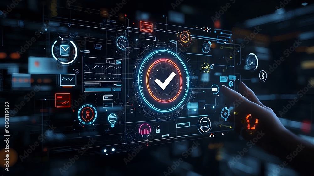 Poster Vibrant Glowing Digital Interface with Checkmark Icon Held in Hand Surrounded by and Themed Symbols on a Dark Modern Background