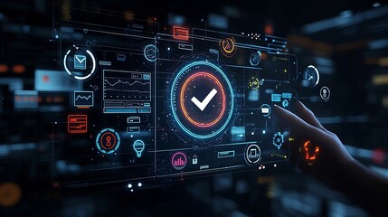 Vibrant Glowing Digital Interface with Checkmark Icon Held in Hand Surrounded by and Themed Symbols on a Dark Modern Background