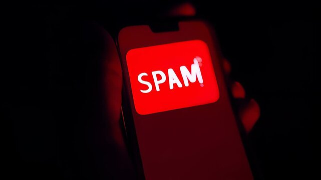 A glowing red spam alert on a smartphone screen symbolizes digital security risks in a dark setting.
