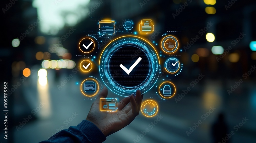 Fototapete Close up of a hand holding a glowing digital interface with a checkmark symbol and surrounding icons representing certification success and approval