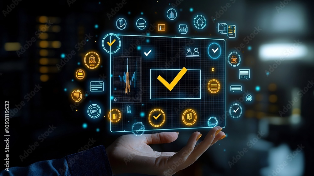 Fototapete Hand Holding Glowing Digital Interface with Checkmark and Surrounding Icons Representing Certification Approval