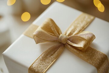 A gold bow is tied around a white box, which is likely a gift. The bow is shiny and golden, and it adds a touch of elegance and festivity to the box. Concept of joy and anticipation