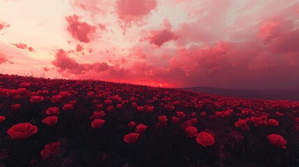 Majestic Sunset Over Vibrant Poppy Field with Dramatic Clouds and Fiery Sky Illuminating Nature's Beauty and Serenity