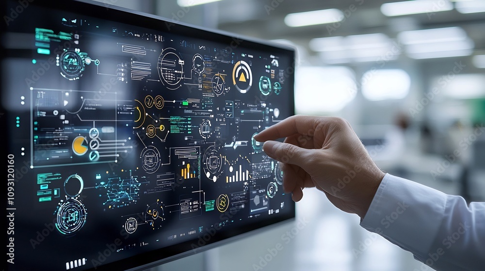 Poster futuristic business scene featuring a hand holding a digital panel with checklist icons for document