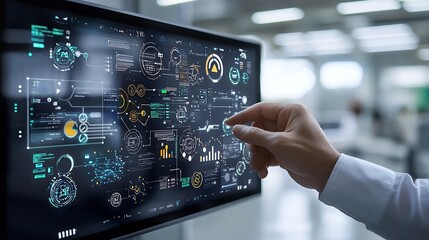 Obraz premium Futuristic business scene featuring a hand holding a digital panel with checklist icons for document control and compliance Businessman digitally confirming assurance and regulatory processes