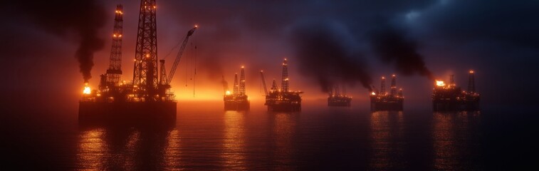Fototapeta premium An array of oil rigs silhouetted against a stunning sunset creates a dramatic image, capturing the contrast between industry and nature in a visually striking manner.