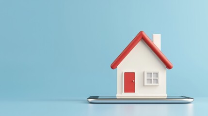 A miniature house sits atop a smartphone, symbolizing the intersection of technology and real estate.