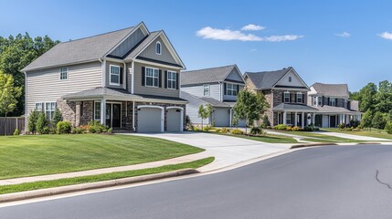 A row of suburban houses on a sunny day with green lawns.