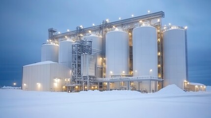 Obraz premium Industrial storage facility remote location photography winter environment wide view modern architecture