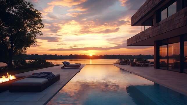 Lakeside pool during sunset, warm glow from fire pits, comfortable seating area with soft blankets, vibrant sky reflecting in the water, peaceful and inviting vibe, sharp photorealism, cinematic view,