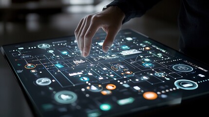 Hand grasping a glowing holographic panel filled with checklist icons representing document control and compliance with a subtle image of a man in a black shirt in the backdrop