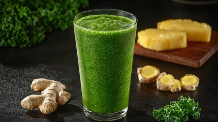 Fototapeta premium Healthy green smoothie recipe kitchen food photography bright setting overhead view nutrition benefits