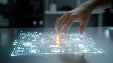 A hand grasping a glowing holographic panel filled with checklist icons representing document control and compliance processes with a subtle image of a man in a black shirt in the backdrop