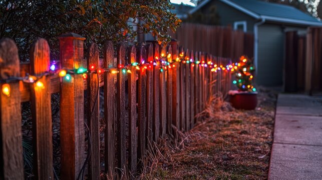 A string of bright Christmas lights wrapped around a wooden fence, illuminating a cozy holiday scene