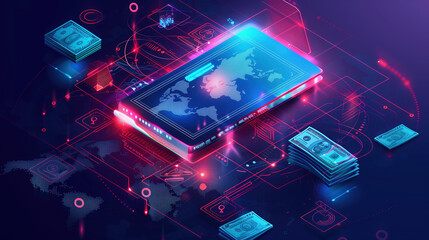 Digital Wallet and Cryptocurrency Transfer Around the World: Global Finance, International Currencies, and Money Exchange Concept for Online Transactions