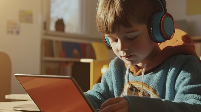 Autistic child using multiple learning supports - tablet with visual guides, noise-reducing headphones, tactile learning tools.  - Powered by Adobe