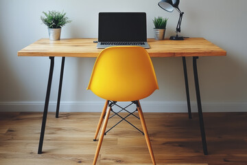 Modern Simple Desk Setup with Laptop and Plants in a Minimalist Home Office Space for a Productive Work Environment