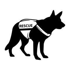 Black silhouette of a rescue dog in a vest. Suitable for pet rescue organizations, animal shelter promotions, or search and rescue campaigns.