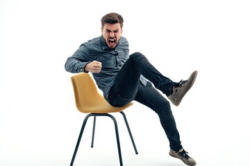 Angry young man kicking a chair isolated on white background. Unable to control emotions aggressive expression