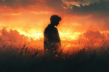 Obraz premium Silhouette Man Stands in Field Fiery Sunset Sky