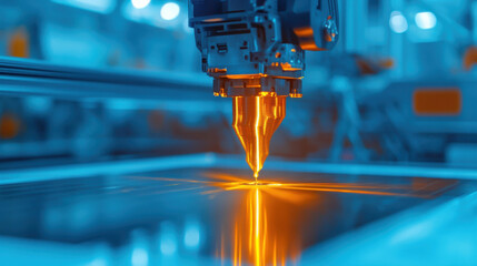 3D printing technology in action, showcasing printer nozzle melting material