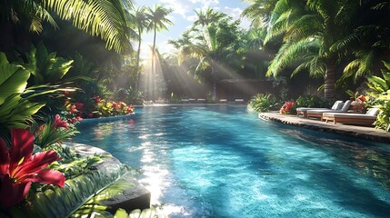 Obraz premium Luxurious tropical pool with a swim-up bar, lush greenery and vibrant flowers encircling the area, clear blue water reflecting sunlight, cozy bar stools immersed in the water,