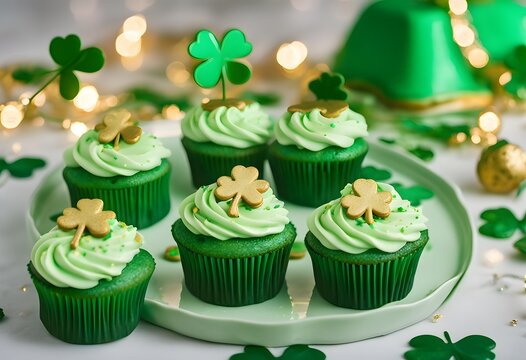 St. Patrick's Day vanilla and chocolate cupcakes with green frosting and shiny clover decorations on green paper background. Irish holiday dessert concept, copy space.