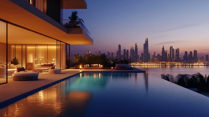 Naklejka premium Luxury outdoor hotel pool with panoramic city skyline view, reflections of city lights on still water, chic poolside seating, warm and cozy evening lighting, peaceful nighttime ambiance, sharp detail,