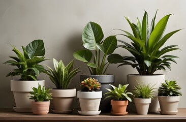 Obraz premium Realistic houseplants in flowerpots arranged against a neutral wall. Perfect for home decor, indoor plants, or interior design projects.