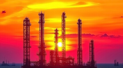 Obraz premium Industrial sunset over oil refinery coastal region photography urban environment wide angle energy production