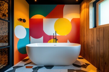 Freestanding bathtub in a stylish modern bathroom with colorful minimalist walls.