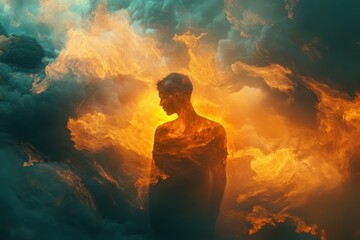 Obraz premium Silhouette Person Embracing Fiery Celestial Cloudscape