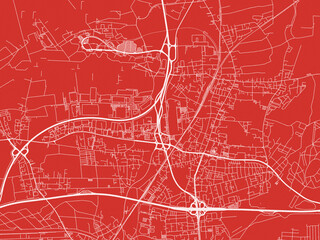 Christmas Map of Langenhagen, Germany in Snowy White on Festive Red Background.