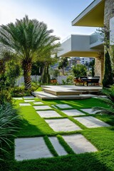 Lush Garden Pathway Leading to a Modern Outdoor Lounge Area With Palm Trees in a Serene Setting During Golden Hour