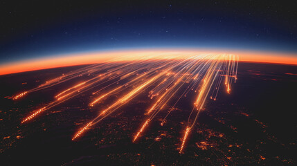 Obraz premium Abstract Visualization of a Network with Glowing Nodes and Lines in a Digital Landscape, Representing Connectivity and Data Flow at Dusk