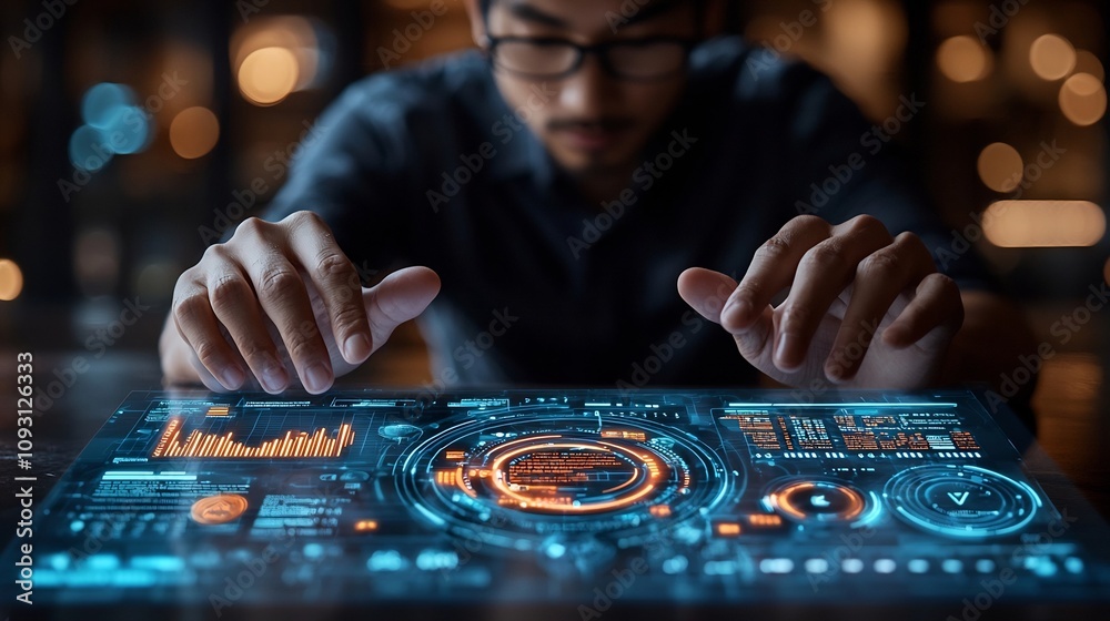 Poster Glowing digital interface with policy documents compliance checklists and certifications prominently displayed  A man in dark clothing is faintly visible in the background