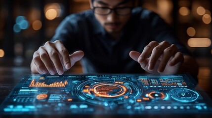 Glowing digital interface with policy documents compliance checklists and certifications prominently displayed  A man in dark clothing is faintly visible in the background