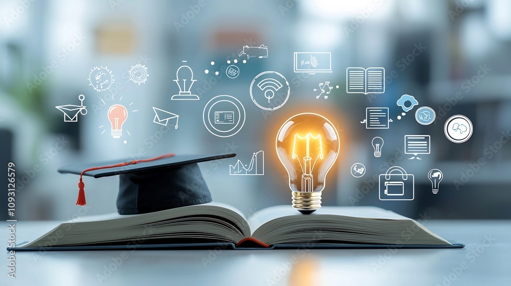 Poster Illuminating Knowledge A glowing lightbulb symbolizing ideas resting on an open book with a graduation hat surrounded by education related icons representing e learning and digital courses