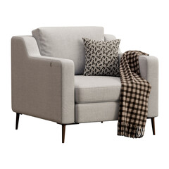 A gray chair with a brown and white blanket draped over it