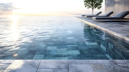 Fototapeta premium Minimalist pool design, sleek stone tiles and contemporary lounge chairs, tranquil blue water, sharp reflections of sunlight, clean lines and modern architecture, peaceful and serene setting,