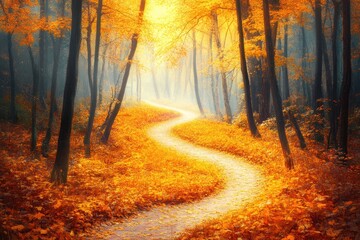Fototapeta premium Autumn Path Winding Through Golden Forest