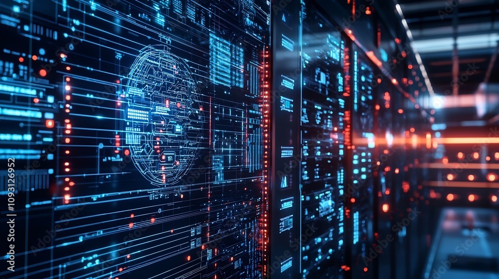 Poster futuristic ai powered fraud detection system analyzes transactions in real time to prevent cybercrim