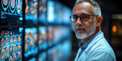 An experienced male scientist with gray hair and glasses examines brain x-ray images displayed on a digital screen in a modern laboratory environment