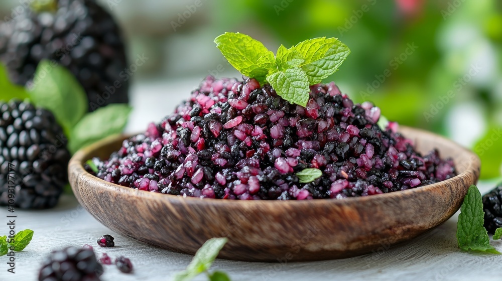 Wall mural Close-up of a wooden bowl filled with black rice pudding, garnished with fresh mint and blackberries.