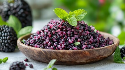 Close-up of a wooden bowl filled with black rice pudding, garnished with fresh mint and blackberries.