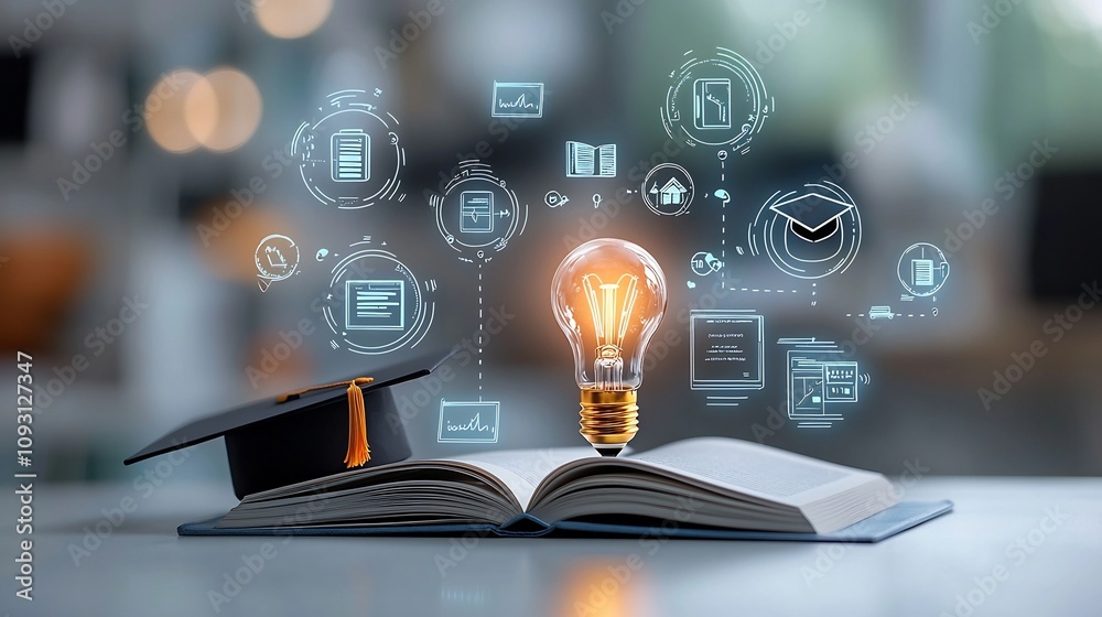 Leinwandbilder futuristic depiction of education with a luminous lightbulb atop an open book and a graduation cap s