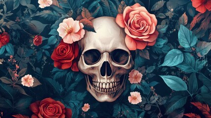 Detailed Artistic Composition of a Human Skull Surrounded by Colorful Roses and Lush Floral Elements for Unique and Creative Concepts