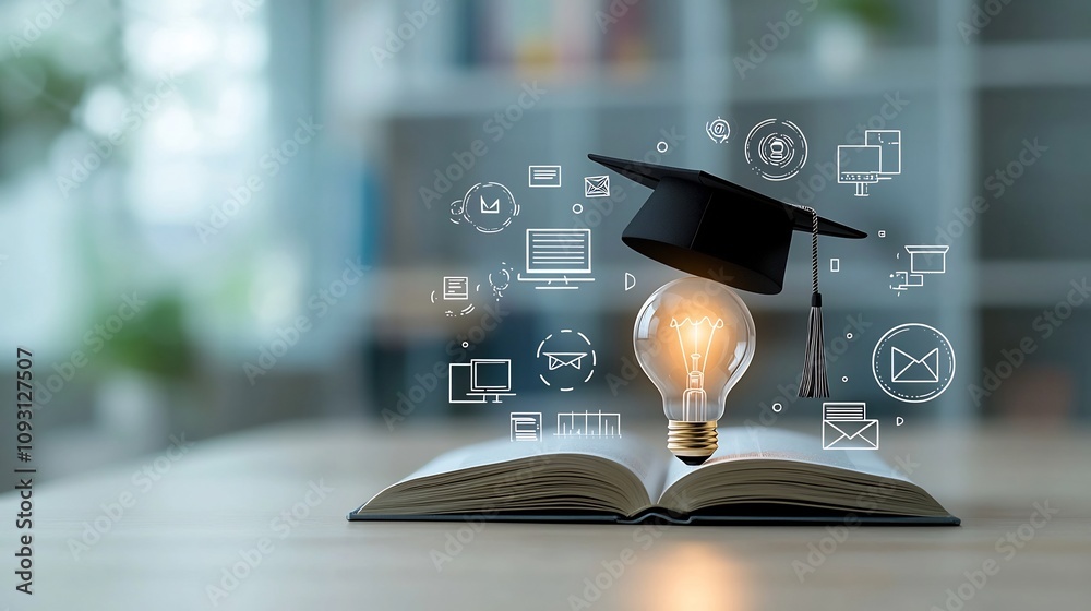 Aufkleber educational concept with a glowing lightbulb sitting on an open book capped with a graduation hat surrounded by icons of online learning and e degree symbols set in a dreamy bokeh environment