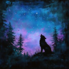 Majestic Wolf Howling at the Moon Under a Starry Night Sky Surrounded by Pine Trees and a Mystical Colorful Background of Purple and Blue